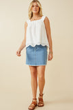 HY6935 OFF WHITE Women Ruffled Strap Floral Eyelet Scallop Tank Full Body