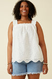 HY6935 OFF WHITE Women Ruffled Strap Floral Eyelet Scallop Tank Front