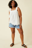 HY6935W Off White Plus Ruffled Strap Floral Eyelet Scallop Tank Front 2