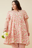 HY6939W PINK Plus Button Detail Textured Floral Dress Front