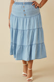 HY6950 Light Denim Plus Tiered Button Front Tencel Skirt Front