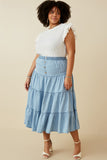 HY6950 LIGHT DENIM Womens Tiered Button Front Tencel Skirt Full Body