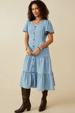 HY6951 Light Denim Plus Button Front Side Smocked Denim Tencel Dress Full Body