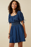 Womens Smocked Waist Tie Sleeve Denim Tencel Dress