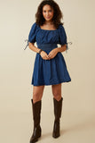 HY6955W Dark Denim Plus Smocked Waist Tie Sleeve Denim Tencel Dress Detail