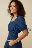 HY6955W Dark Denim Plus Smocked Waist Tie Sleeve Denim Tencel Dress Side