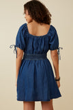 HY6955W Dark Denim Plus Smocked Waist Tie Sleeve Denim Tencel Dress Back