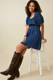 HY6955W Dark Denim Plus Smocked Waist Tie Sleeve Denim Tencel Dress Full Body