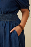 HY6955 DARK DENIM Womens Smocked Waist Tie Sleeve Denim Tencel Dress Side