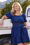 Womens Smocked Waist Tie Sleeve Denim Tencel Dress