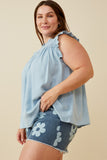 HY6958 DARK DENIM Womens Ruffle Detailed Smocked Denim Tencel Tank Front 2