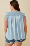 HY6958W Dark Denim Plus Ruffle Detailed Smocked Denim Tencel Tank Gif