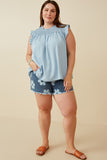 HY6958W Dark Denim Plus Ruffle Detailed Smocked Denim Tencel Tank Full Body