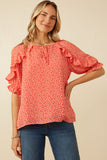 HY6965W Red Plus Ditsy Floral Ruffle Detail Tie Detail Top Front