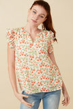 HY6979 Off White Womens Floral Ruffled Sleeve Tank Front