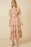 HY6982 Blush Womens Romantic Floral Button Detail Belted Dress Full Body