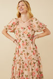 HY6982 Blush Womens Romantic Floral Button Detail Belted Dress Gif