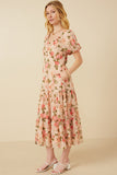 HY6982 Blush Womens Romantic Floral Button Detail Belted Dress Front