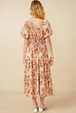 HY6982 Blush Womens Romantic Floral Button Detail Belted Dress Side