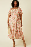 HY6982W Blush Plus Romantic Floral Button Detail Belted Dress Full Body