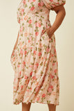 HY6982W Blush Plus Romantic Floral Button Detail Belted Dress Front