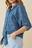 HY6986W DENIM Plus Floral Denim Tie Front Roll Up Shirt Full Body