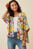 HY6990W YELLOW Plus Vivid Floral Contrast Stitch Linen Blend Kimono Front