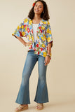 HY6990W YELLOW Plus Vivid Floral Contrast Stitch Linen Blend Kimono Detail