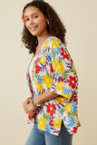 HY6990W YELLOW Plus Vivid Floral Contrast Stitch Linen Blend Kimono Back