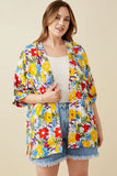 HY6990W YELLOW Plus Vivid Floral Contrast Stitch Linen Blend Kimono Side