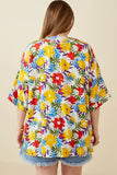 HY6990 YELLOW MIX Womens Vivid Floral Contrast Stitch Linen Blend Kimono Side