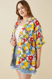 HY6990 YELLOW MIX Womens Vivid Floral Contrast Stitch Linen Blend Kimono Back