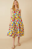 HY6991W Yellow Mix Plus Vivid Floral Tassel Shoulder Tie Linen Blend Dress Full Body