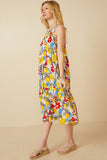 HY6991 Yellow Mix Womens Vivid Floral Tassel Shoulder Tie Linen Blend Dress Back