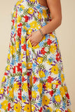 HY6991W Yellow Mix Plus Vivid Floral Tassel Shoulder Tie Linen Blend Dress Gif