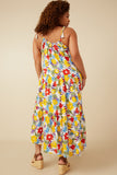 HY6991W Yellow Mix Plus Vivid Floral Tassel Shoulder Tie Linen Blend Dress Front