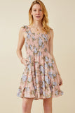 HY6997W BLUSH Plus Smocked Detail Ruffled Strap Floral Print Dress Front