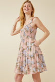 HY6997 BLUSH Womens Smocked Detail Ruffled Strap Floral Print Dress Gif