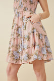 HY6997 BLUSH Womens Smocked Detail Ruffled Strap Floral Print Dress Side