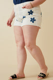 HY7000W White Denim Plus Denim Floral Patch Denim Shorts Front