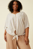 Buttoned Textured Strip Tied Dolman Top