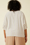 HY7014W Lavender Plus Buttoned Textured Strip Tied Dolman Top Back