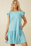 HY7020 Blue Womens Smocked Shoulder Ruffle Detail Knit Dress Front