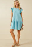 HY7020 Blue Womens Smocked Shoulder Ruffle Detail Knit Dress Full Body