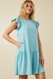 HY7020 Blue Womens Smocked Shoulder Ruffle Detail Knit Dress Front 2