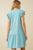 HY7020 Blue Womens Smocked Shoulder Ruffle Detail Knit Dress Back