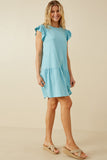 HY7020 Blue Womens Smocked Shoulder Ruffle Detail Knit Dress Full Body