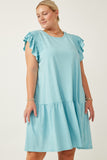 HY7020W Blue Womens Smocked Shoulder Ruffle Detail Knit Dress Front