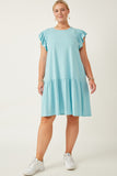 HY7020W Blue Womens Smocked Shoulder Ruffle Detail Knit Dress Gif