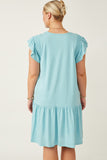 HY7020W Blue Womens Smocked Shoulder Ruffle Detail Knit Dress Detail